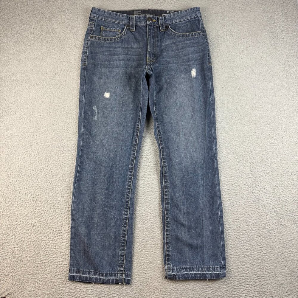 Mens Slim Athletic Fit Straight Leg Blue Denim Jeans 34x30 Dark Low Rise *Hemmed